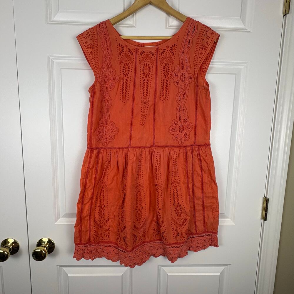 Meadow Rue Anthropologie Orange Red Lace Eyelet Mini Dress Spring Women's Size 8
